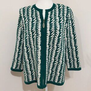 The Michael Collection Green & Cream Knit Zip Front Cardigan Sweater Size XL